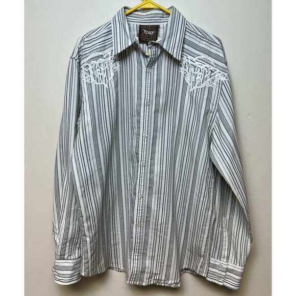 Roar Other - Embroidered Western Button Up Shirt Roar White w  Black Grey Stripes  XL Cowboy